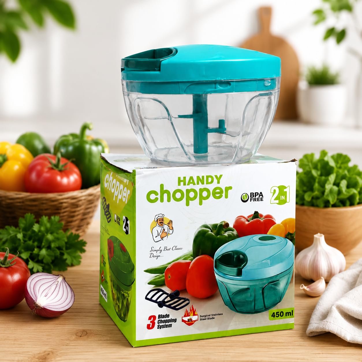 Vegetable & Fruit Dori Chopper with 3 Stainless Steel Blades | Multi Utility | 450 ml - Image 4