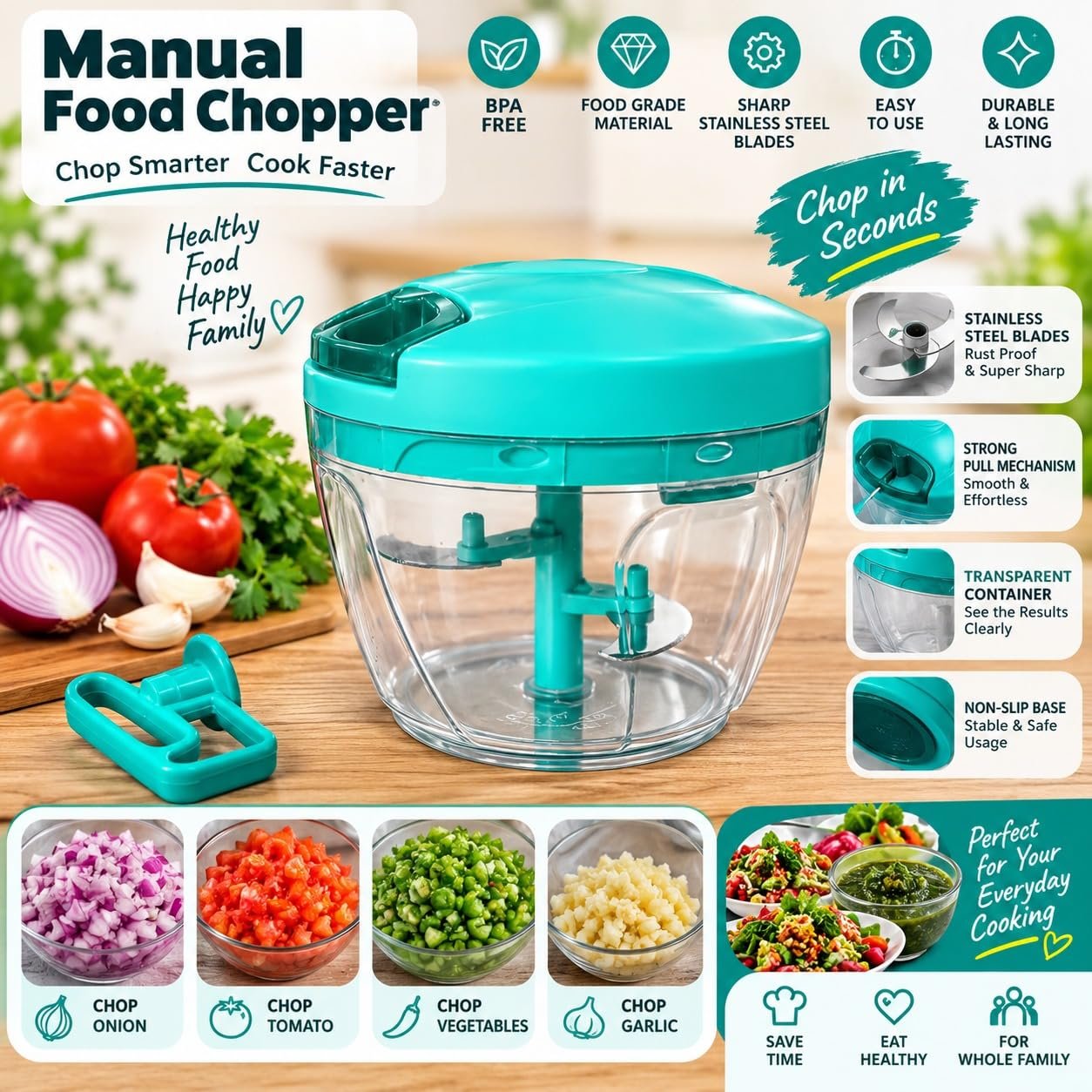 Vegetable & Fruit Dori Chopper with 3 Stainless Steel Blades | Multi Utility | 450 ml - Image 3